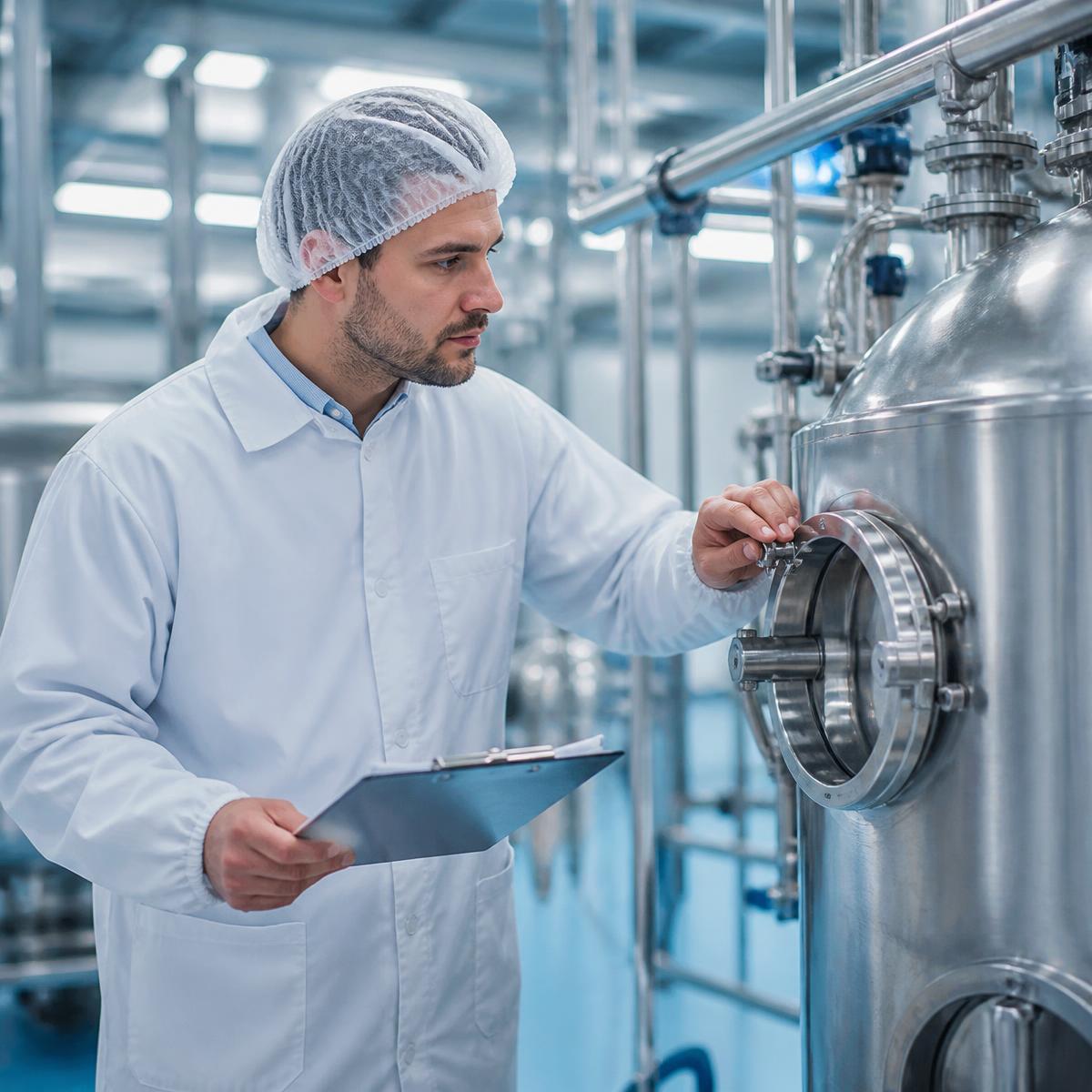 Técnico a avaliar solução de materiais e projeto de melhoria industrial
